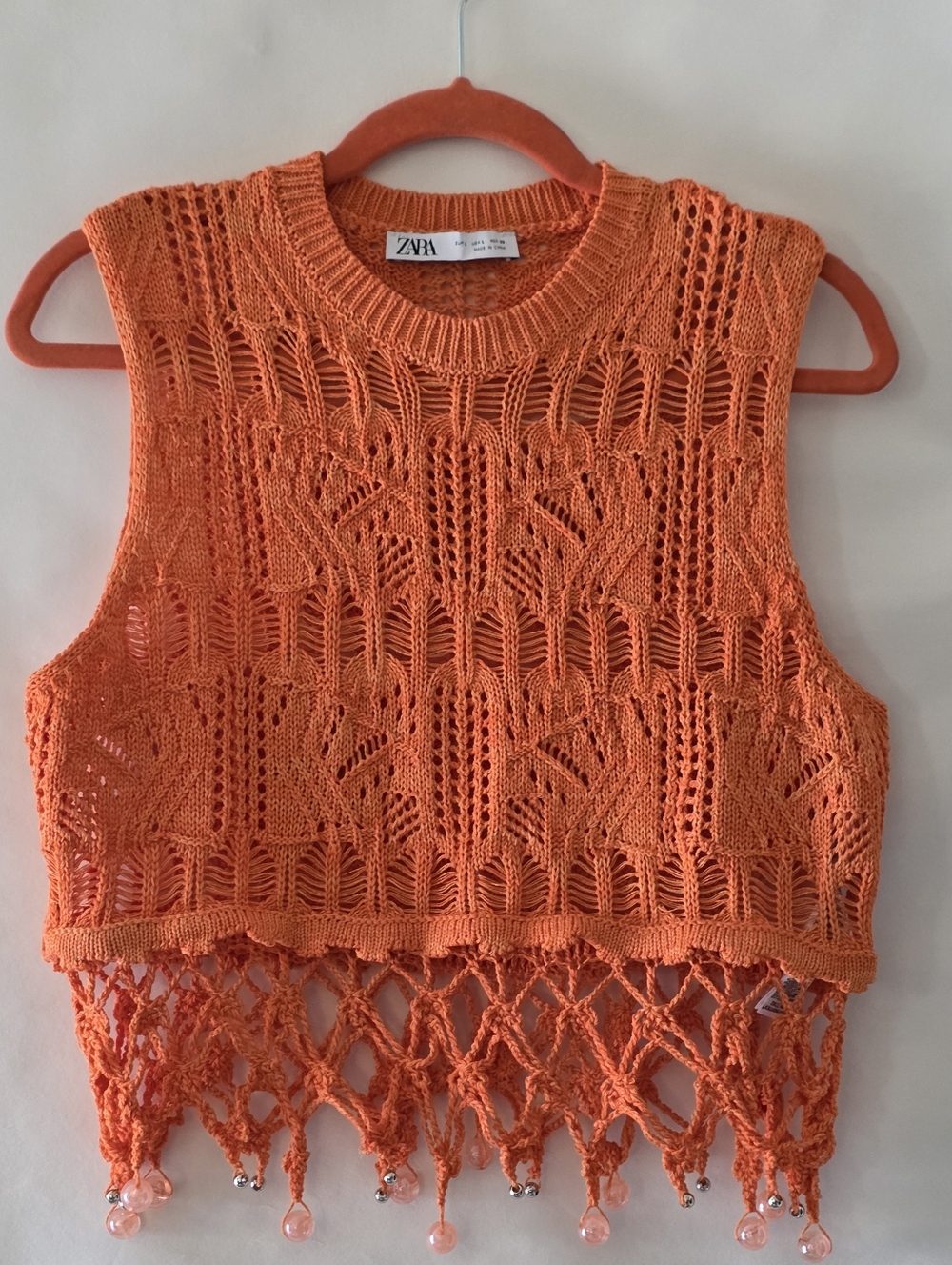 Zara Crochet Knit‎ Crop Top Size L Fringe Tassel Hem Beaded Orange Festival Boho - Picture 2 of 11